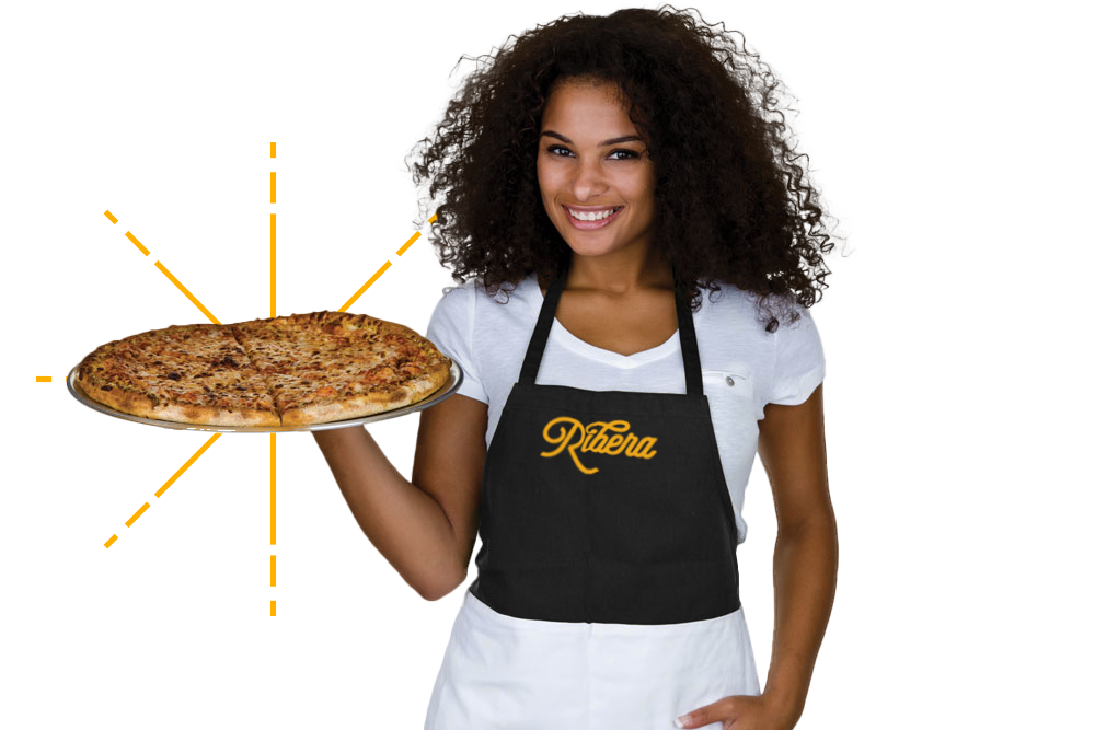 Waitress holding a pizza.